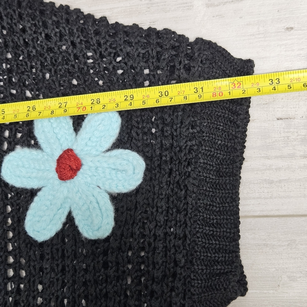 Crochet Mesh Knit Top XL Colorful Floral Appliques Short Sleeve Festival Boho - Picture 4 of 14